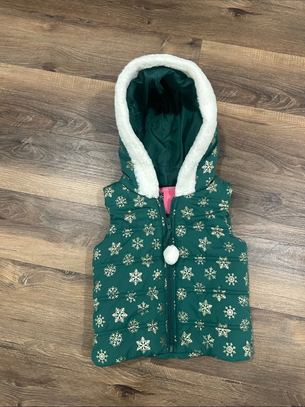 Isaac Mizrahi Girls Puffer Vest Size X-Small (4) Green Snowflake Hooded Faux Fur